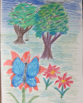 Blue Butterfly,   with flowers and trees

